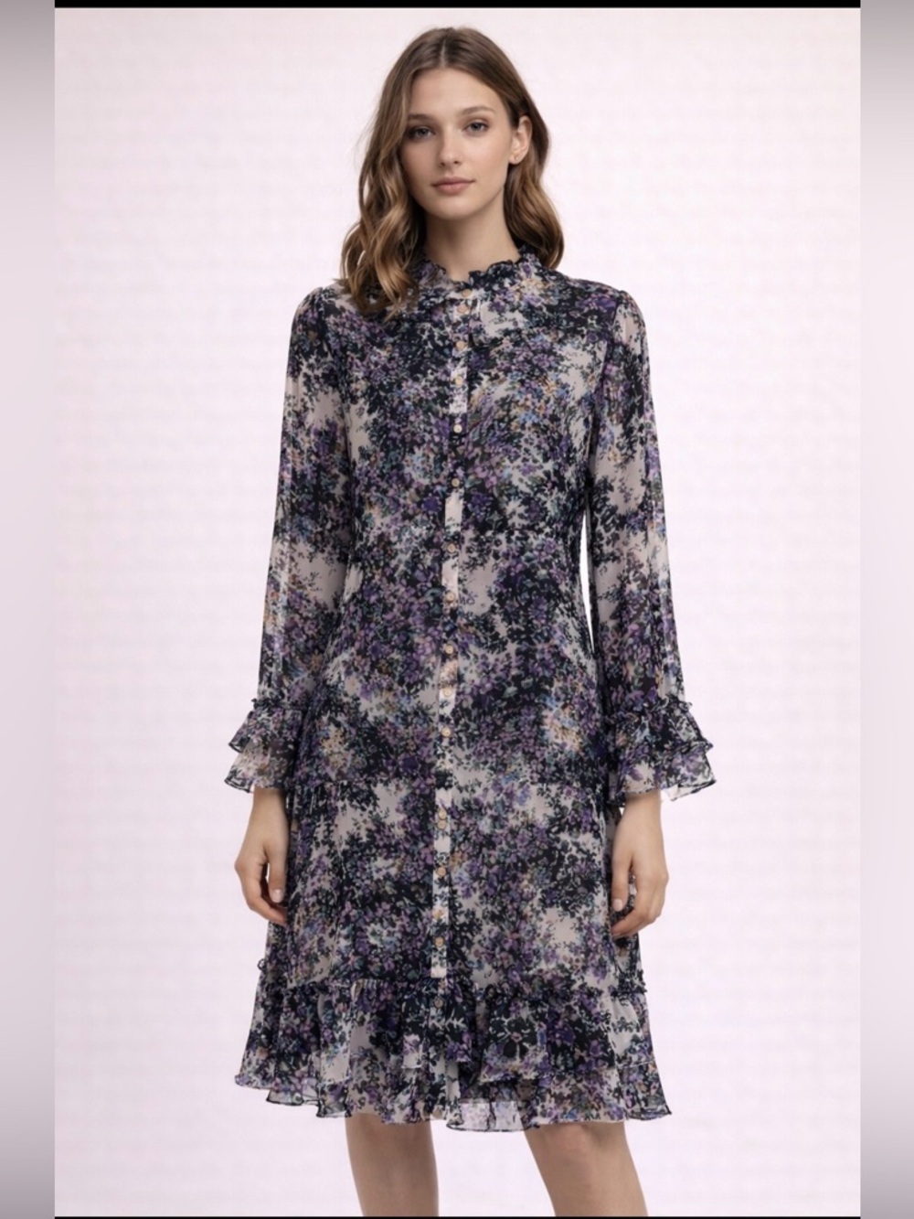 Mikael Aghal Purple and Black Floral Long Sleeve Dress